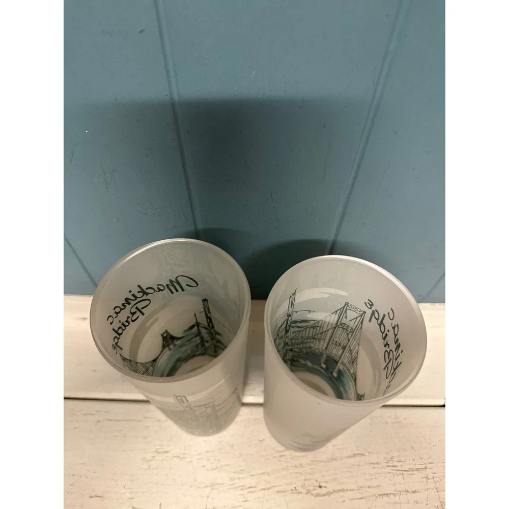 Vintage Mackinac Bridge Frosted Glass Tumbler Set‎ 2 Michigan Souvenir Highball